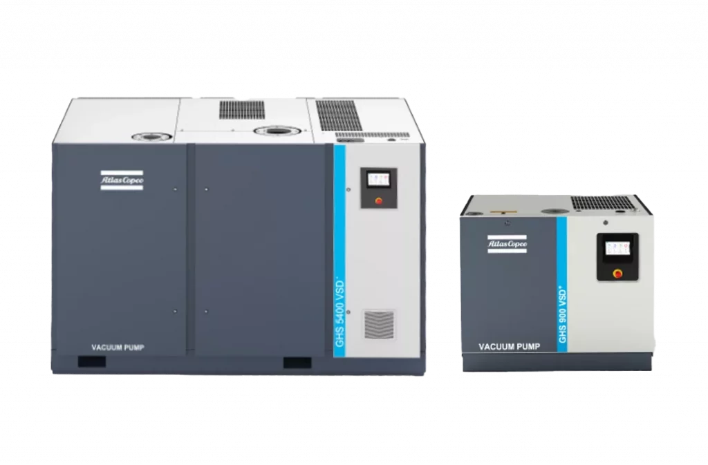 Bombas de vacío de tornillo rotativo selladas con aceite con tecnología VSD+ Atlas Copco.