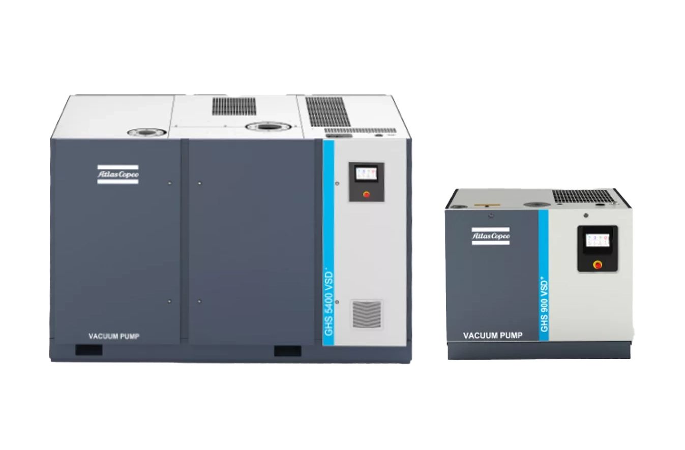 Bombas de vacío de tornillo rotativo selladas con aceite con tecnología VSD+ Atlas Copco.