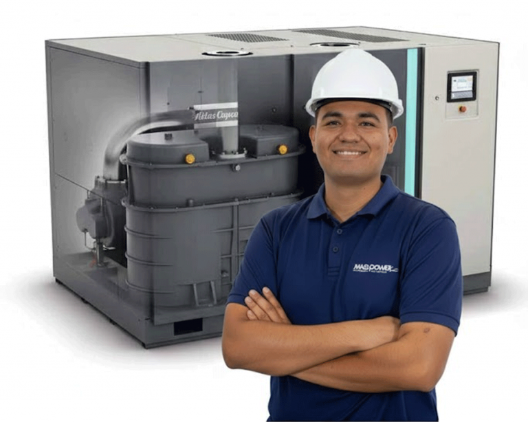 Ingeniero Maqpower con Bomba de Vacío Atlas Copco Detrás